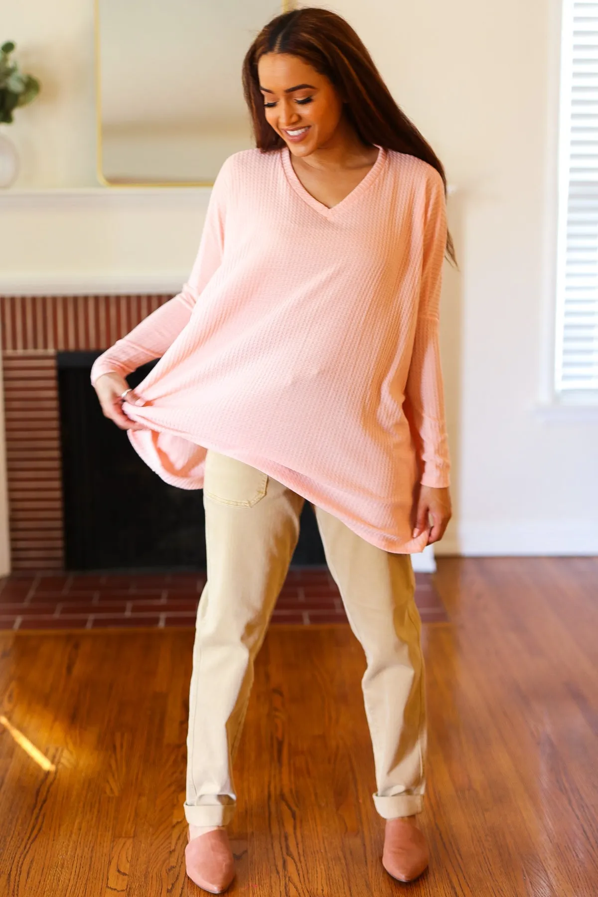 All For Love Peach Waffle Knit V Neck Dolman Top sold by Charming Charlie product image thumbnail 2