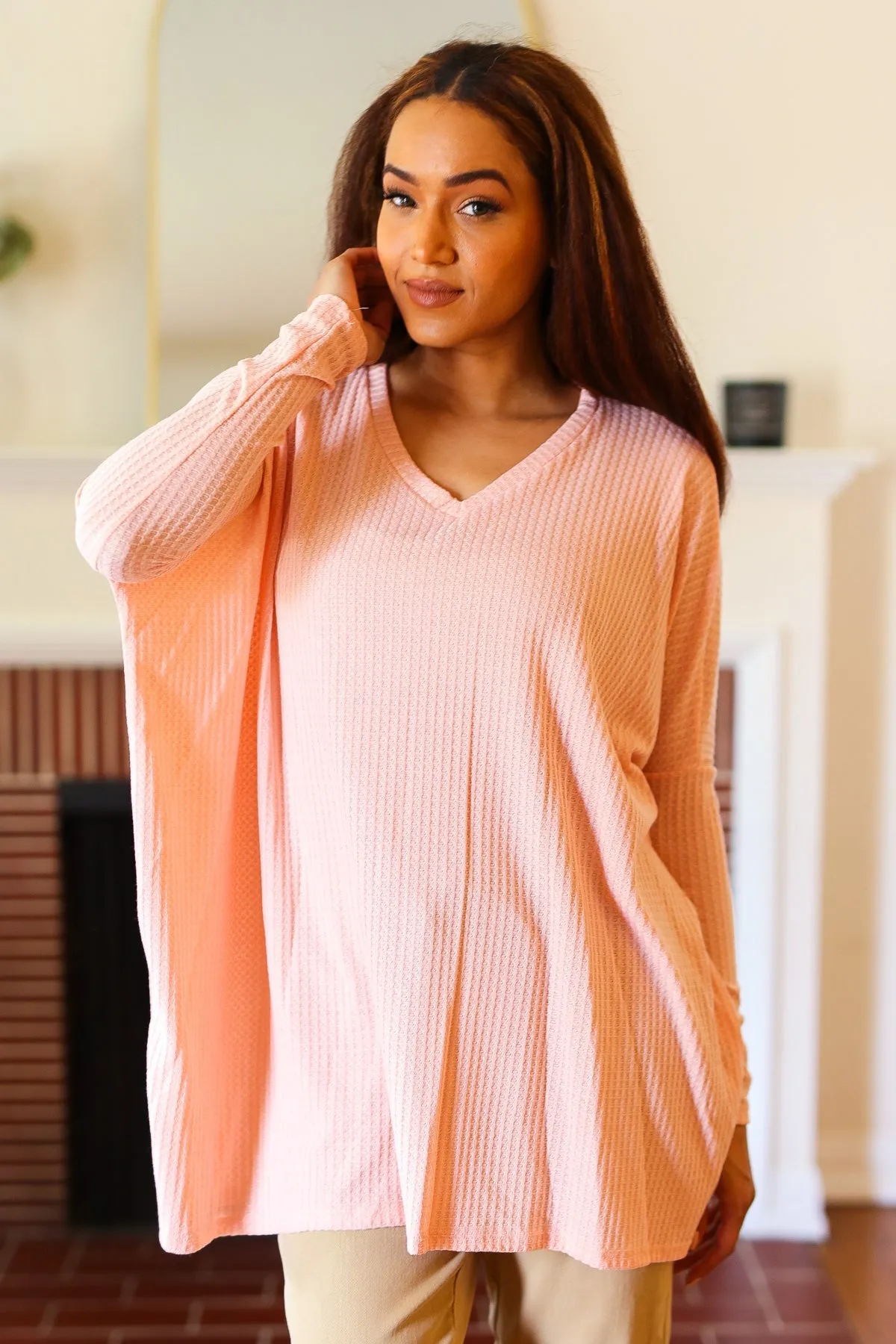 All For Love Peach Waffle Knit V Neck Dolman Top sold by Charming Charlie product image thumbnail 5