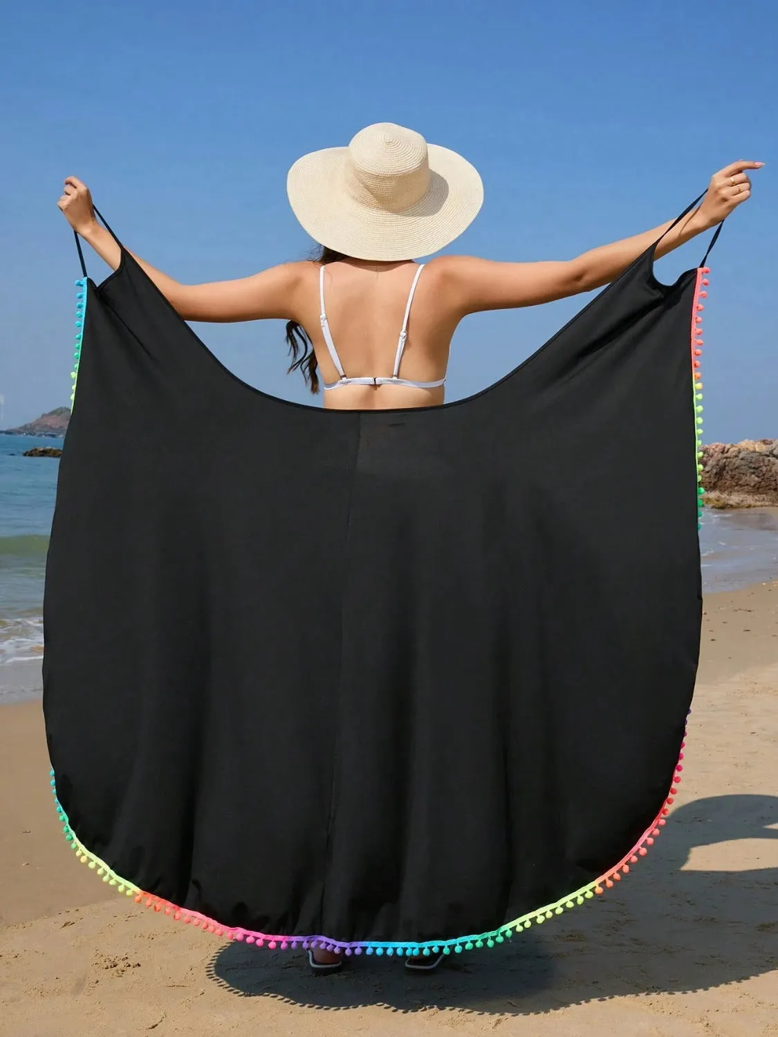 Rainbow Pompom Trim Spaghetti Strap Cover-Up sold by Charming Charlie product image thumbnail 2