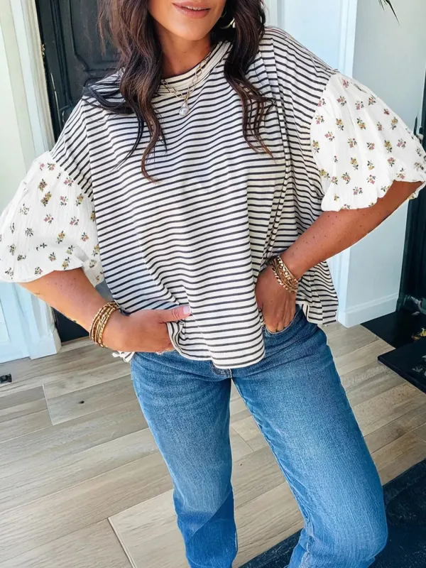 Stripe Floral Puff Sleeve Patchwork Round Neck Loose Top sold by Charming Charlie
