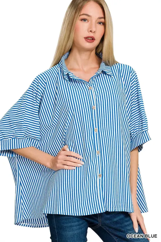 Zenana Oversized Stripe Button Down Shirt sold by Charming Charlie