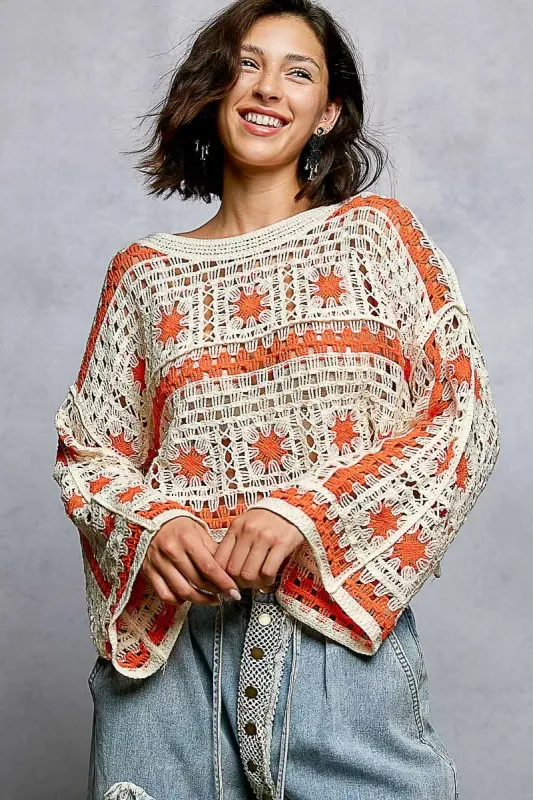 POL Boat Neck Long Sleeve Crochet Top with Granny Square Weaving made by Trendsi