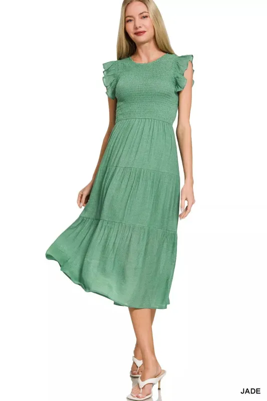 Zenana Woven Smocked Ruffle Sleeve Midi Dress sold by Charming Charlie