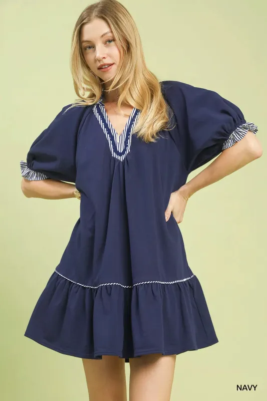 Umgee French Terry Mini Dress with Ruffled Striped Trim sold by Charming Charlie