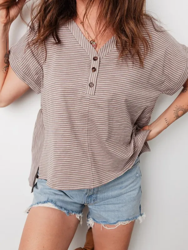 Stripe Buttoned V Neck High Low Side Slit Top sold by Charming Charlie