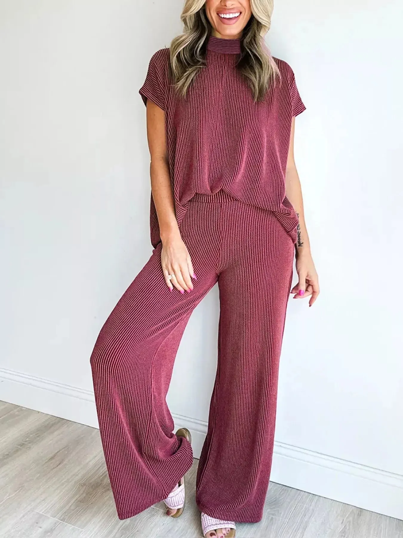 Twisted Ribbed High Neck Loose Tee Elastic High Waist Loose Pant Set sold by Charming Charlie product image thumbnail 4