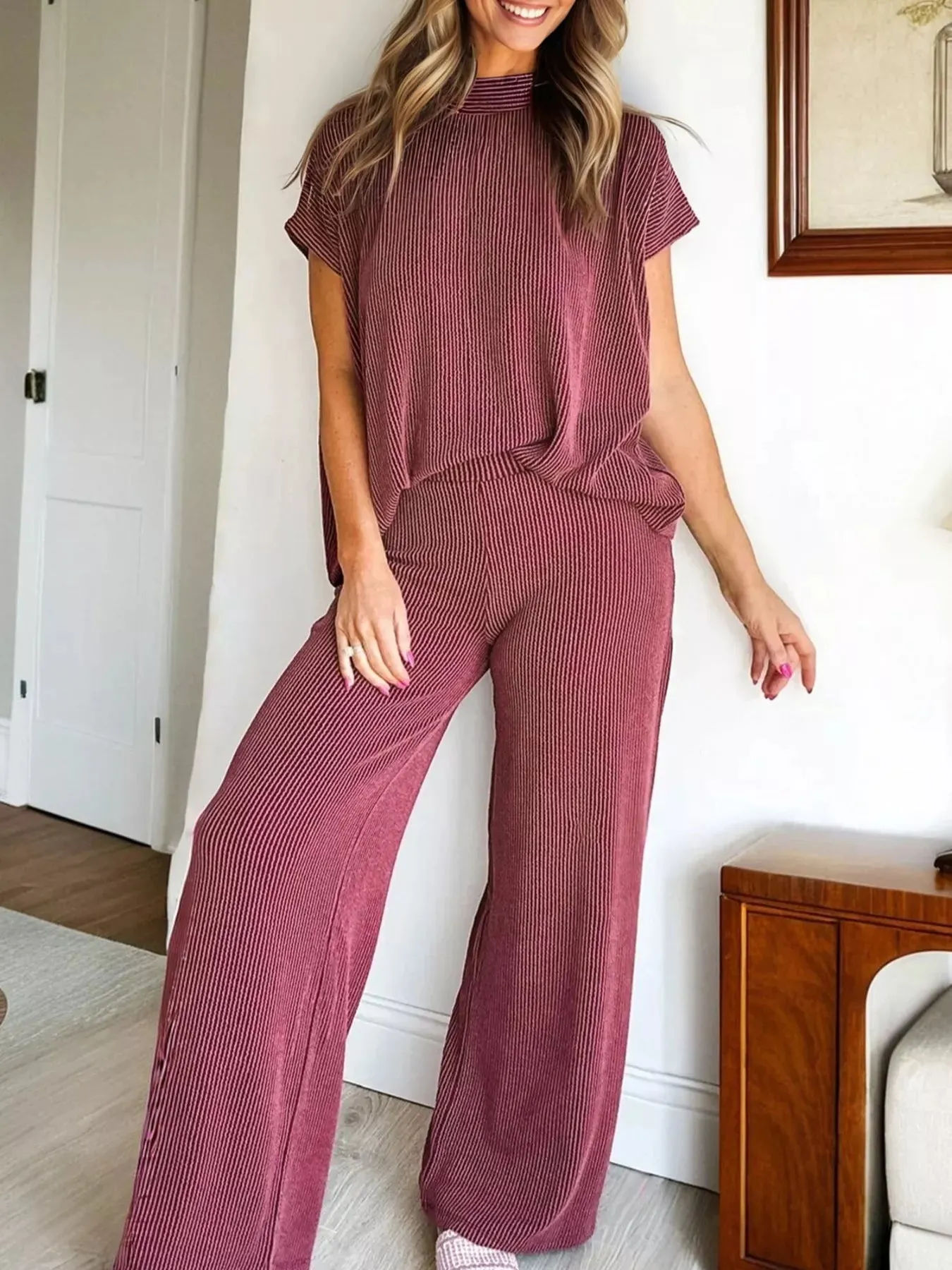 Twisted Ribbed High Neck Loose Tee Elastic High Waist Loose Pant Set sold by Charming Charlie