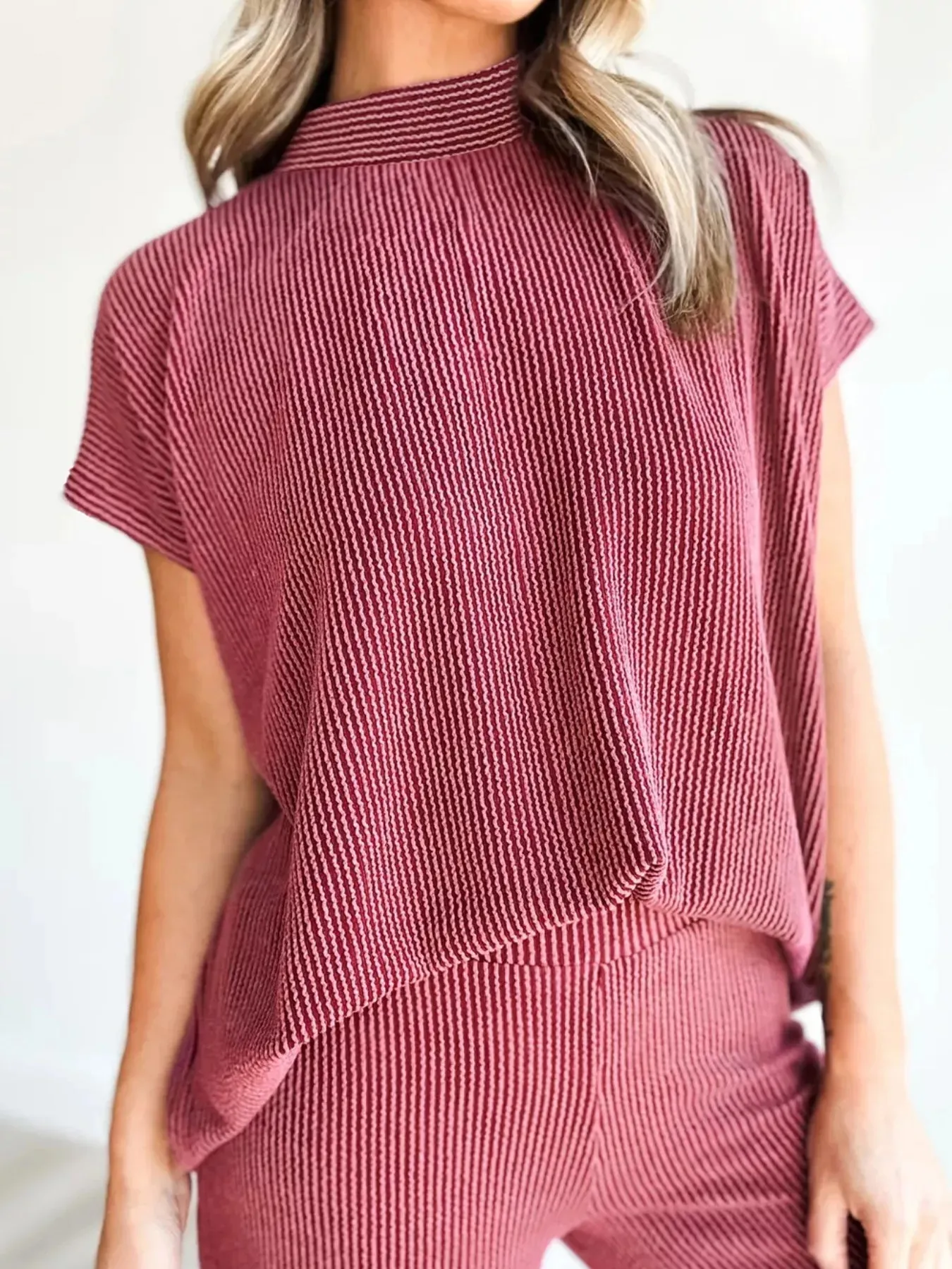 Twisted Ribbed High Neck Loose Tee Elastic High Waist Loose Pant Set sold by Charming Charlie product image thumbnail 5