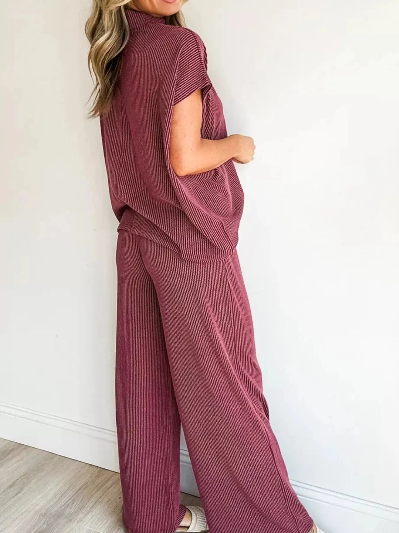 Twisted Ribbed High Neck Loose Tee Elastic High Waist Loose Pant Set sold by Charming Charlie product image thumbnail 2
