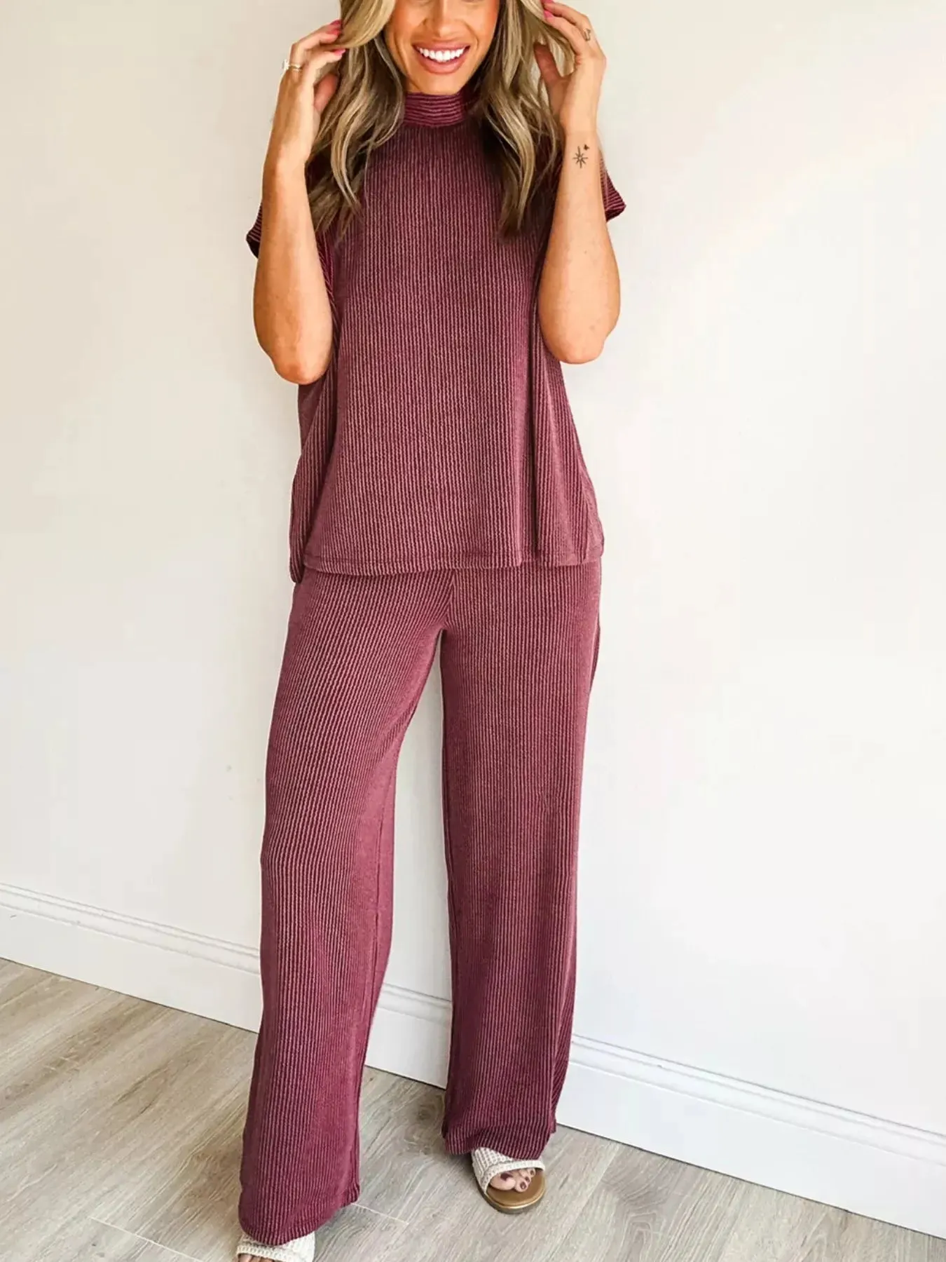 Twisted Ribbed High Neck Loose Tee Elastic High Waist Loose Pant Set sold by Charming Charlie product image thumbnail 3