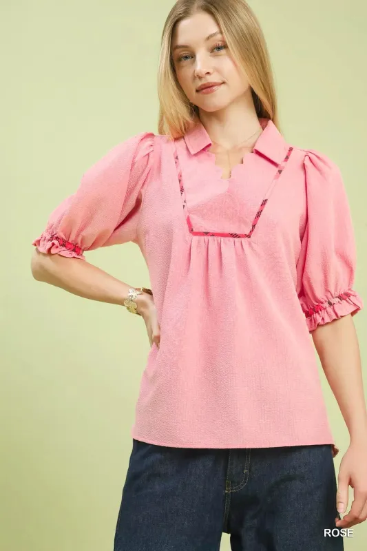 Umgee Scalloped Trim Blouse with Puff Sleeves sold by Charming Charlie