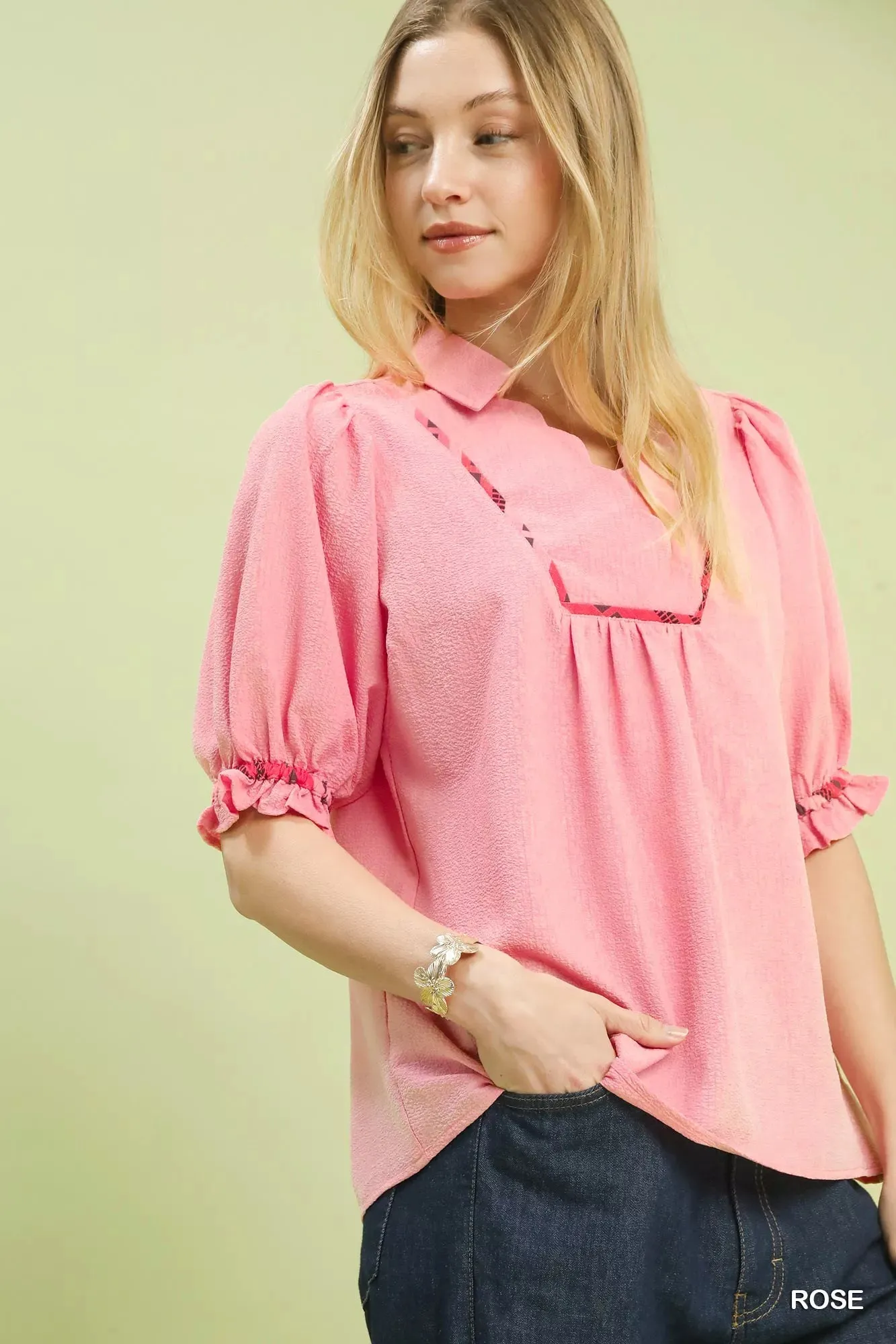 Umgee Scalloped Trim Blouse with Puff Sleeves sold by Charming Charlie product image thumbnail 3