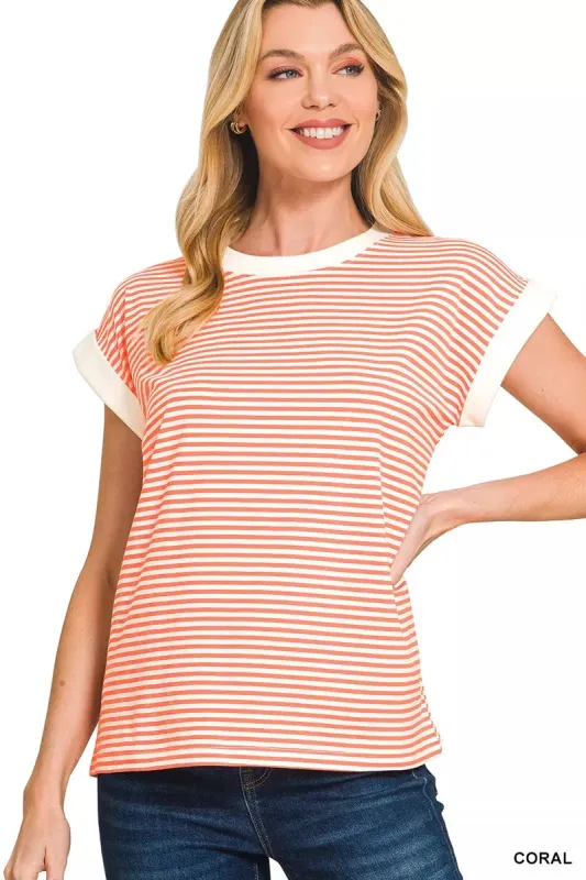 Zenana Striped Round Neck Short Sleeve Contrast Trim T-Shirt sold by Charming Charlie