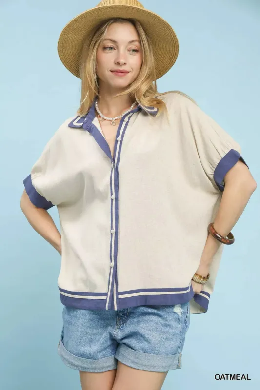 Umgee Linen Button Front Top with Contrast Piping sold by Charming Charlie
