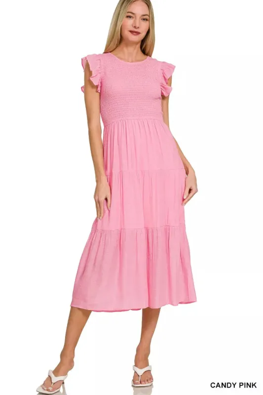 Zenana Woven Smocked Ruffle Sleeve Midi Dress sold by Charming Charlie