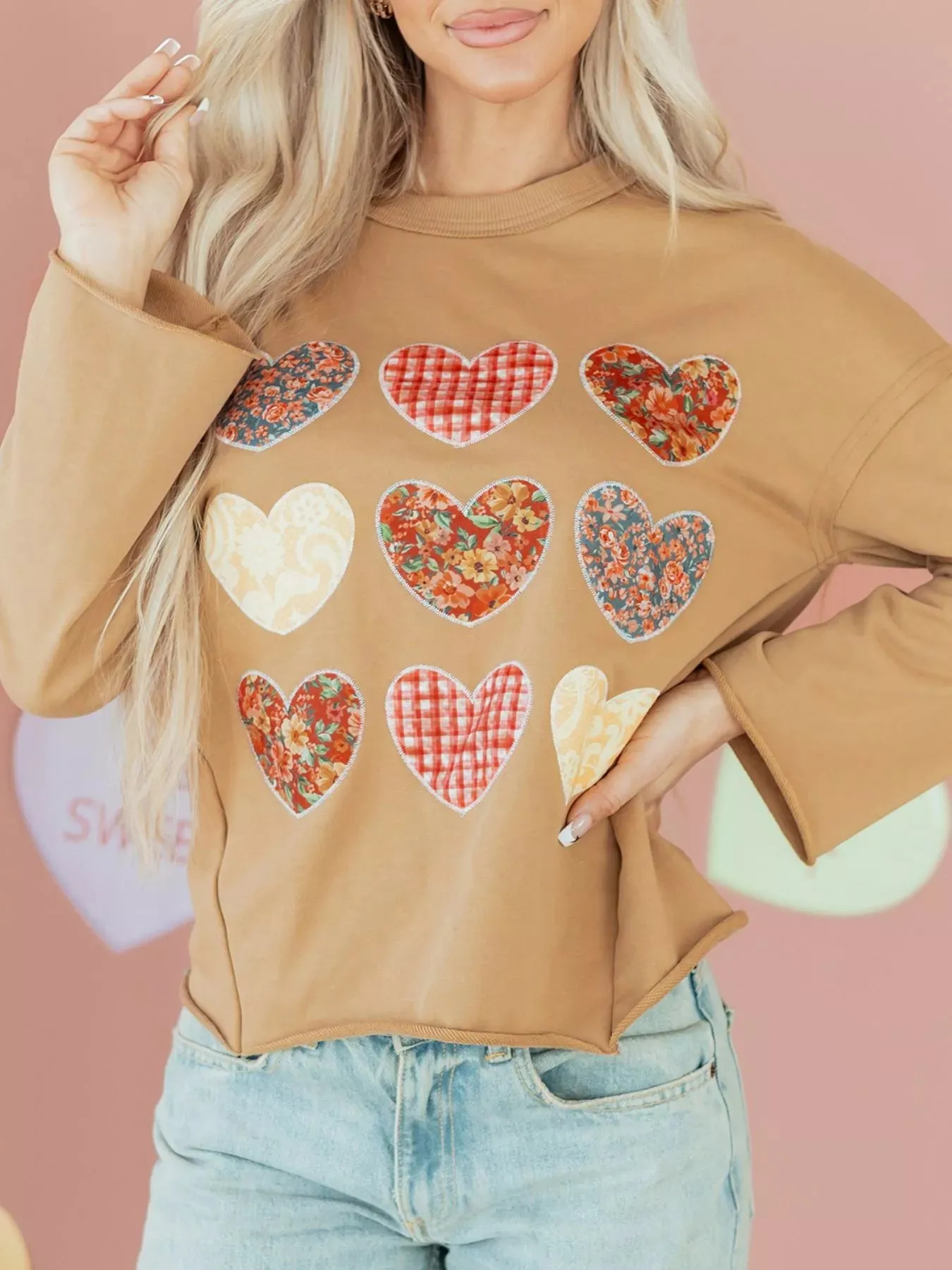 Plaid Floral Heart Stitched Exposed Seam Mineral Wash Sweatshirt sold by Charming Charlie product image thumbnail 5