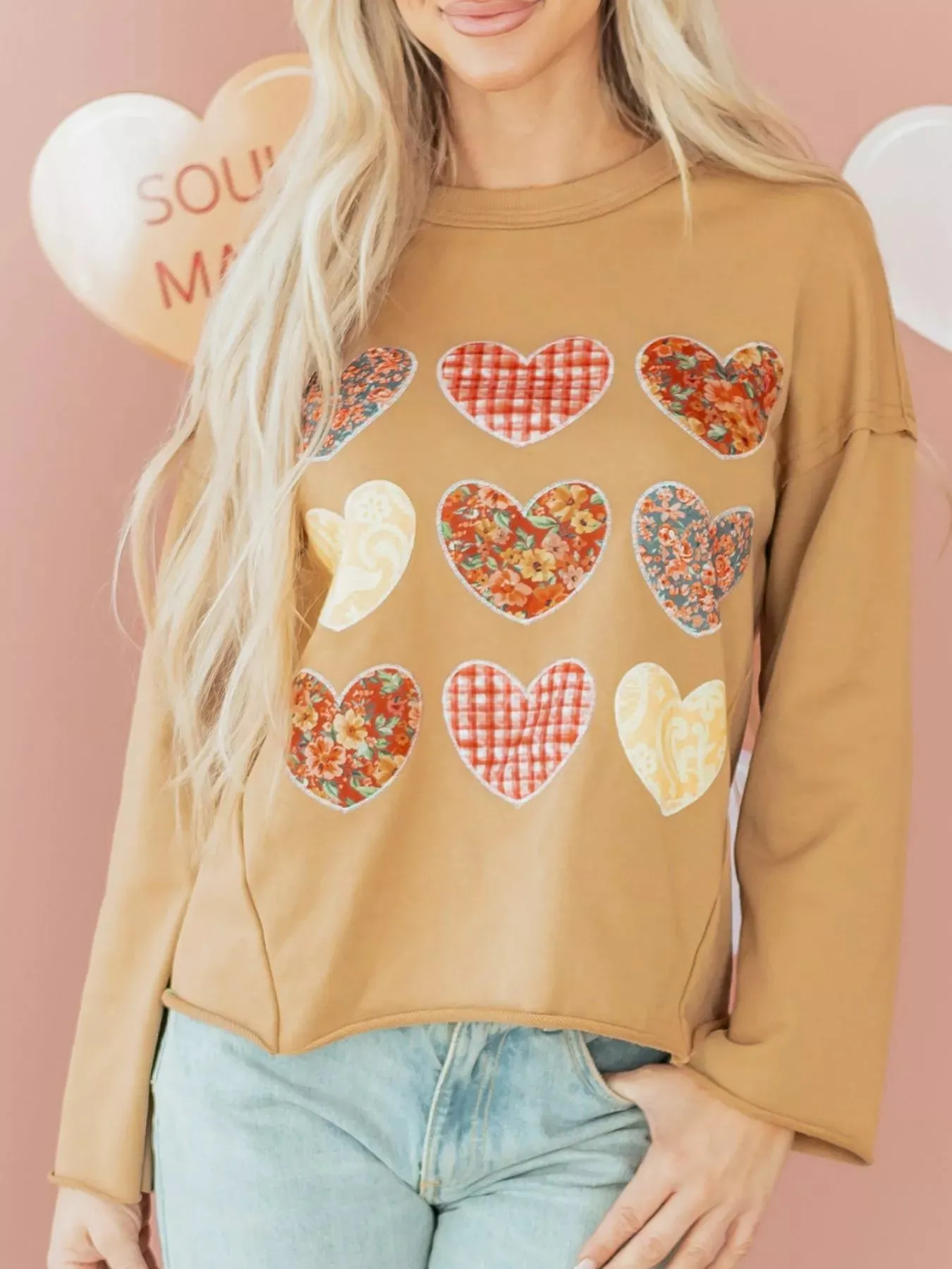 Plaid Floral Heart Stitched Exposed Seam Mineral Wash Sweatshirt sold by Charming Charlie product image thumbnail 2
