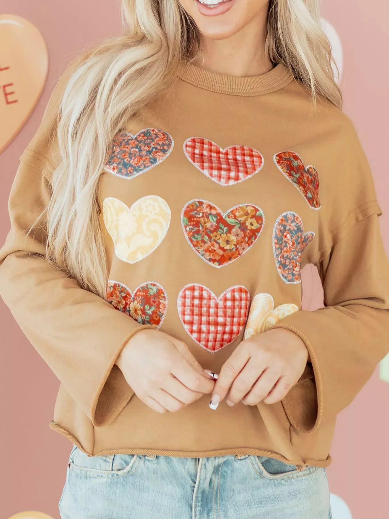 Plaid Floral Heart Stitched Exposed Seam Mineral Wash Sweatshirt sold by Charming Charlie product image thumbnail 4