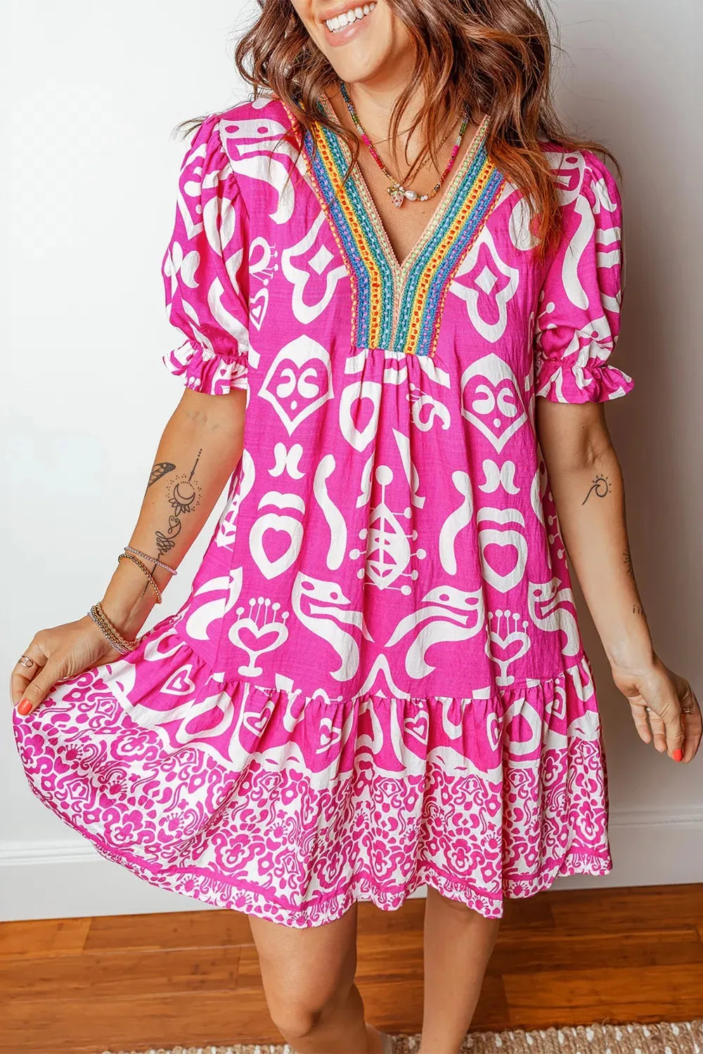 Mixed Print Contrast Trim V Neck Short Sleeve Flared Dress sold by Charming Charlie product image thumbnail 3
