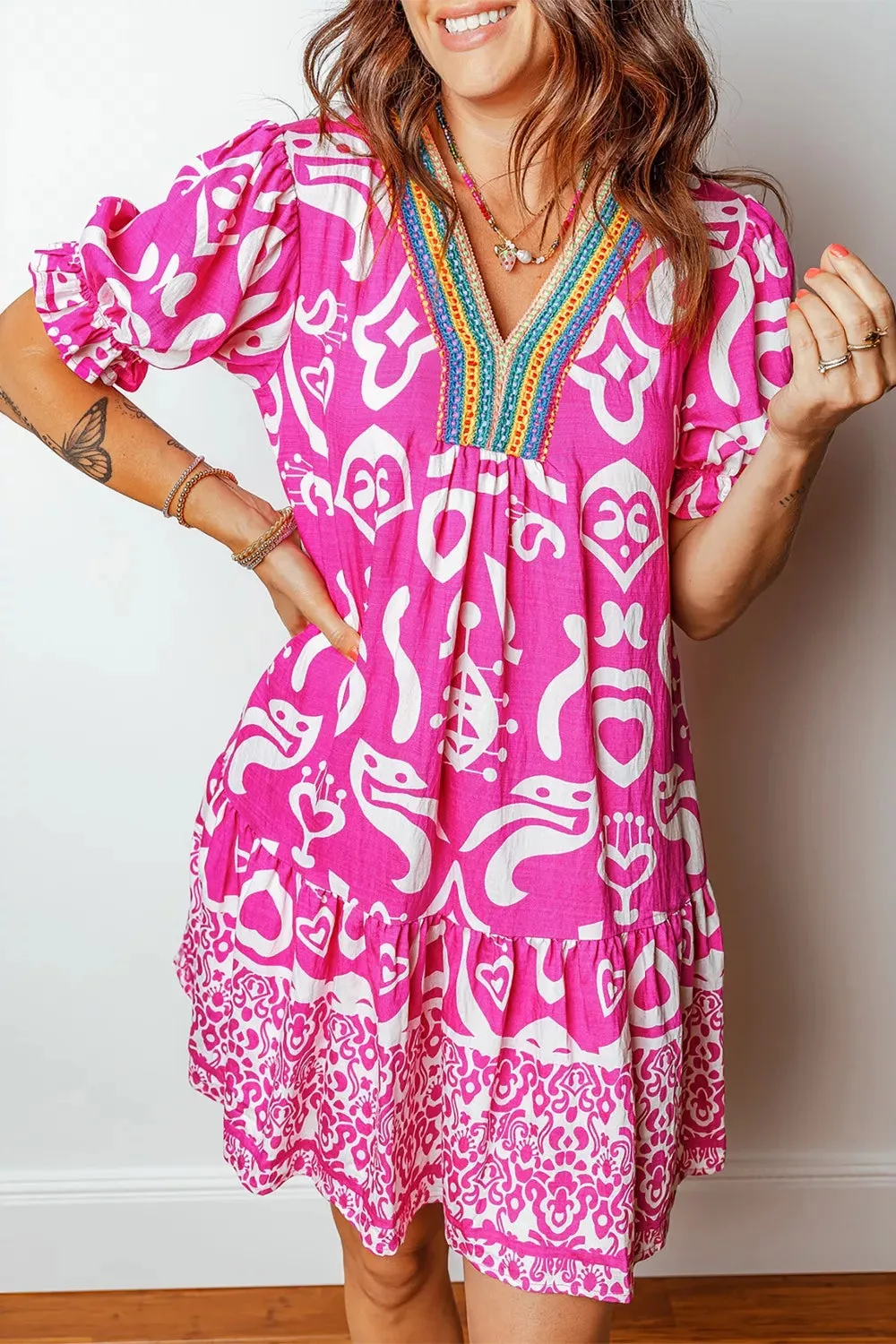 Mixed Print Contrast Trim V Neck Short Sleeve Flared Dress sold by Charming Charlie product image thumbnail 4