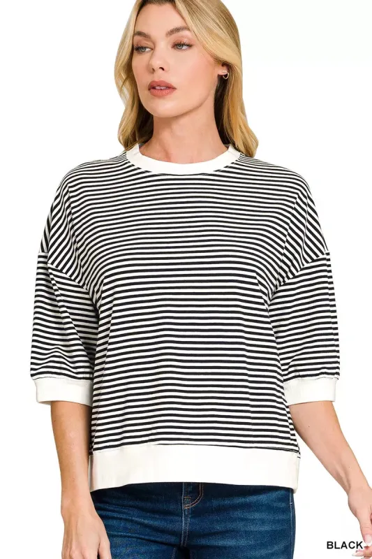 Zenana Striped Contrast Trim Banded Bottom Top sold by Charming Charlie