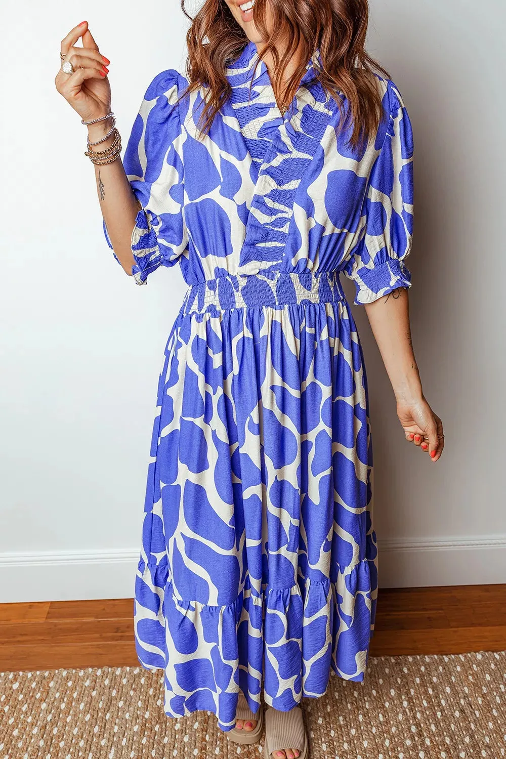Abstract Print Smocked Waist Puff Half Sleeve Dress sold by Charming Charlie product image thumbnail 5