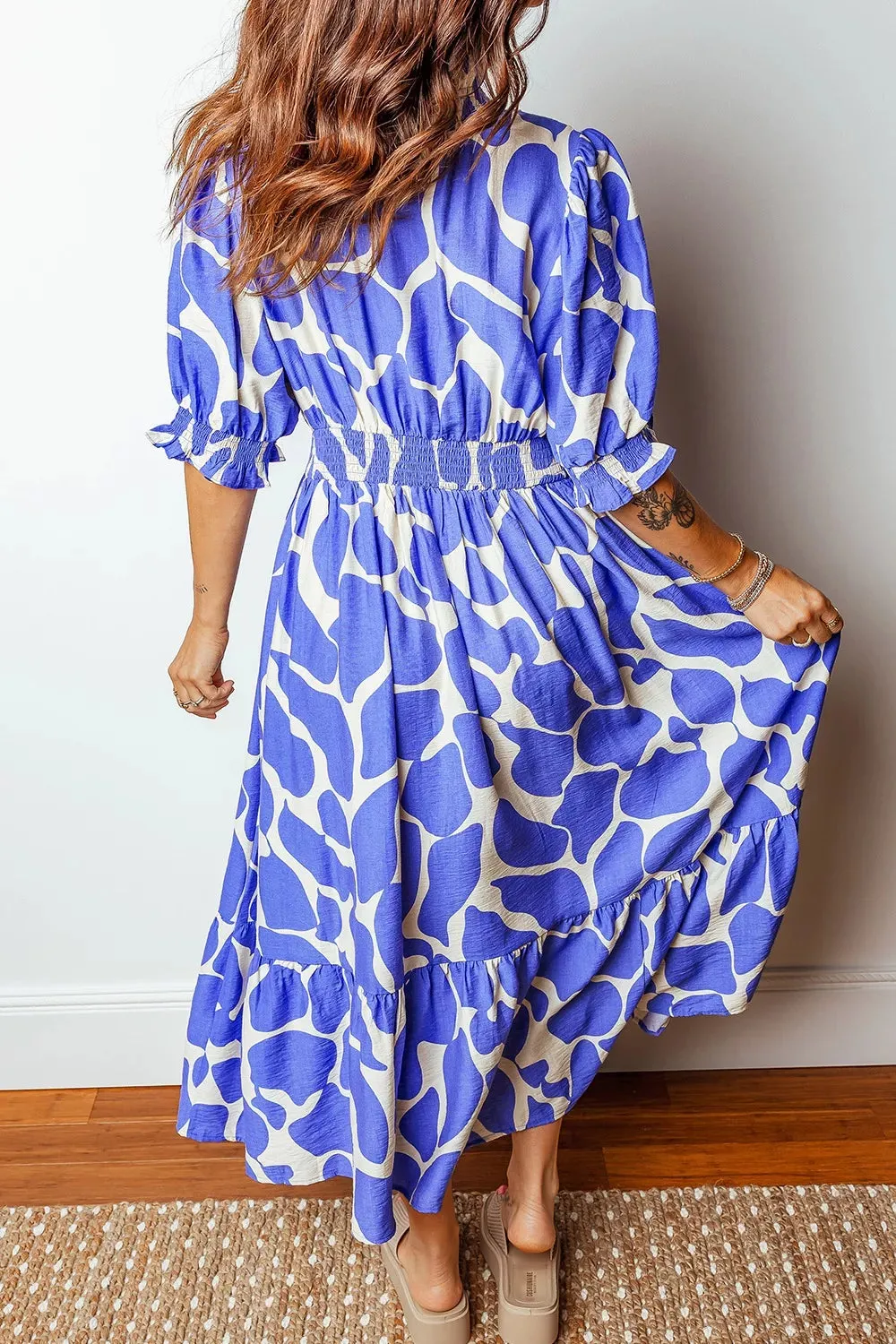 Abstract Print Smocked Waist Puff Half Sleeve Dress sold by Charming Charlie product image thumbnail 2