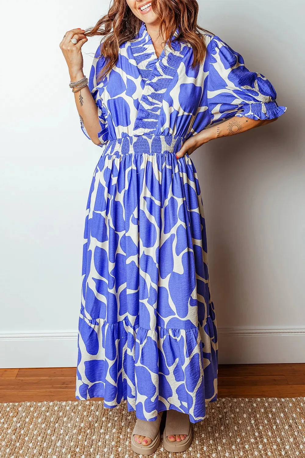 Abstract Print Smocked Waist Puff Half Sleeve Dress sold by Charming Charlie product image thumbnail 3