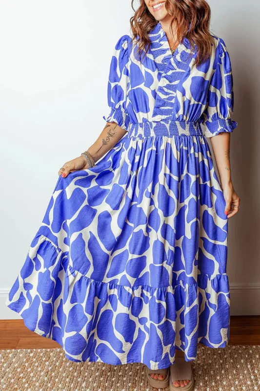 Abstract Print Smocked Waist Puff Half Sleeve Dress made by Trendsi