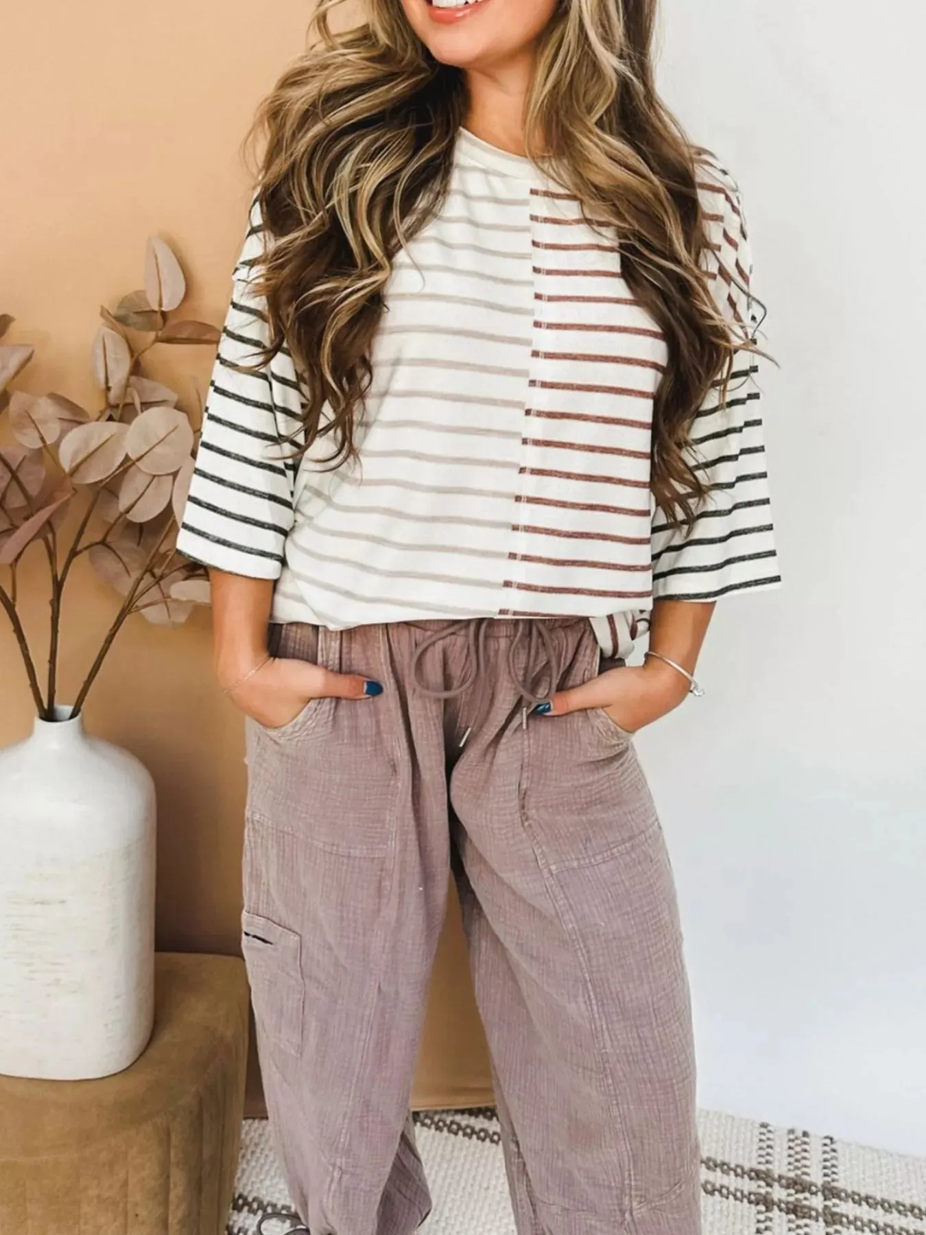 Stripe Color Block 3/4 Sleeve Loose T Shirt sold by Charming Charlie product image thumbnail 4