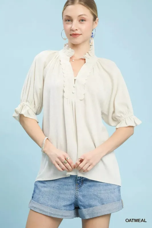 Umgee Linen Scalloped Ruffle Neck Blouse sold by Charming Charlie