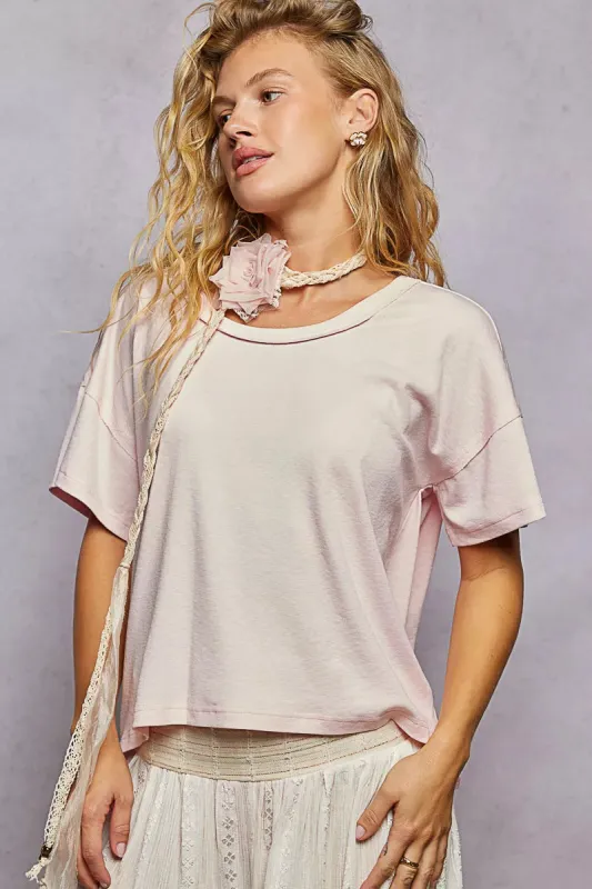 POL Round Neck Short Sleeve T-Shirt with High Low Hem sold by Charming Charlie