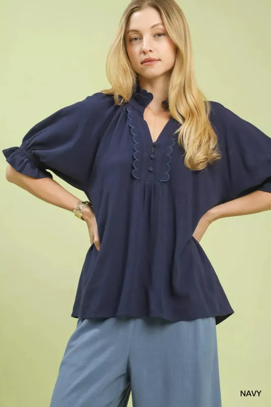 Umgee Linen Scalloped Ruffle Neck Blouse sold by Charming Charlie