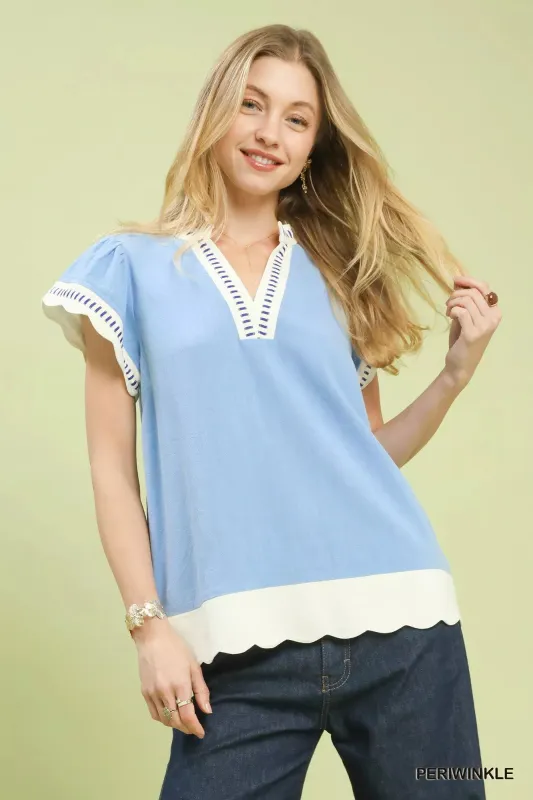 Umgee Contrast Scallop Trim Top made by Trendsi