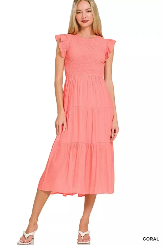 Zenana Woven Smocked Ruffle Sleeve Midi Dress sold by Charming Charlie