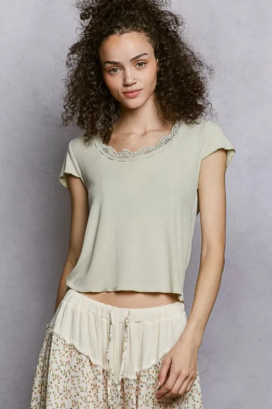 POL Round Neck Short Sleeve Crop T-Shirt with Lace Trim made by Trendsi