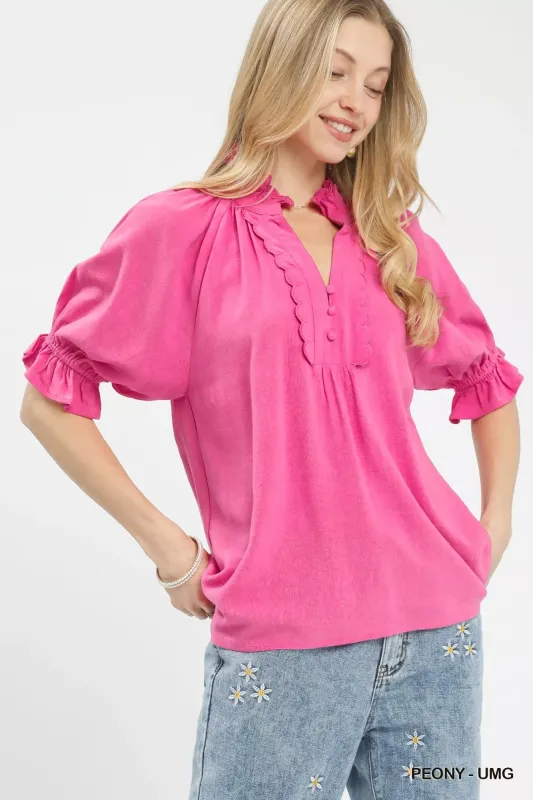 Umgee Linen Scalloped Ruffle Neck Blouse sold by Charming Charlie