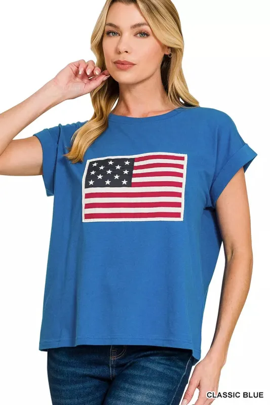 Zenana US Flag Round Neck Short Sleeve T-Shirt sold by Charming Charlie