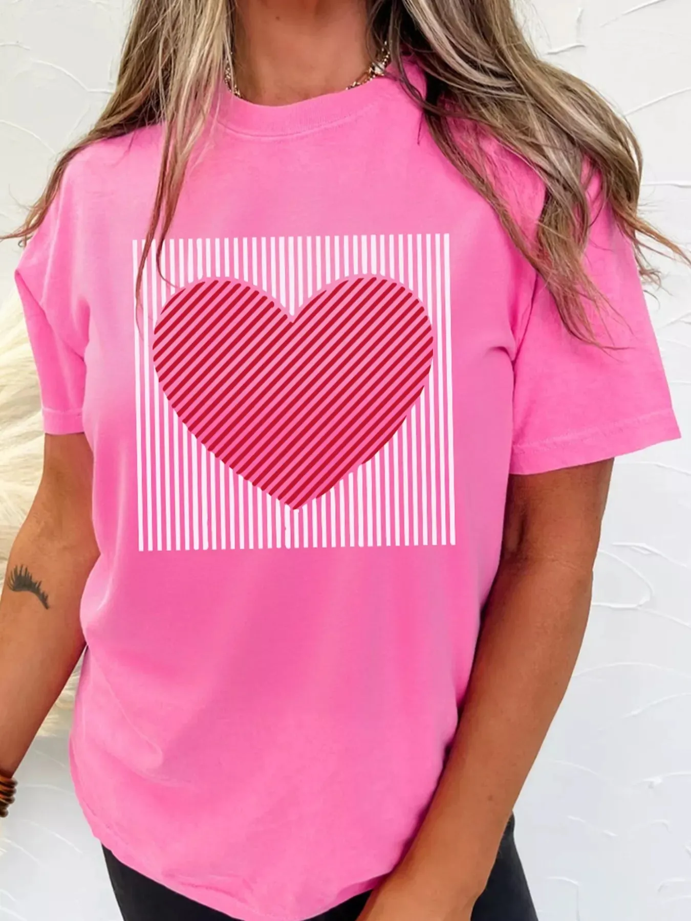 Contrast Striped Heart Printed Valentines Day T Shirt sold by Charming Charlie