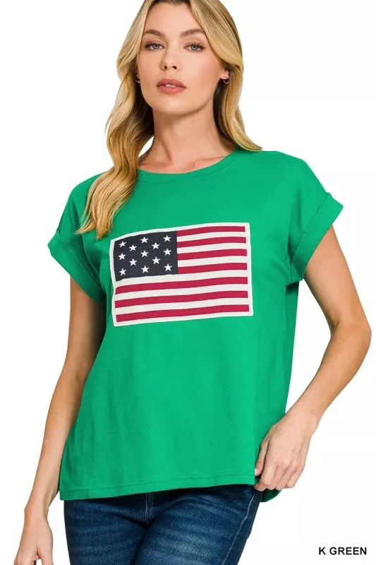 Zenana US Flag Round Neck Short Sleeve T-Shirt sold by Charming Charlie