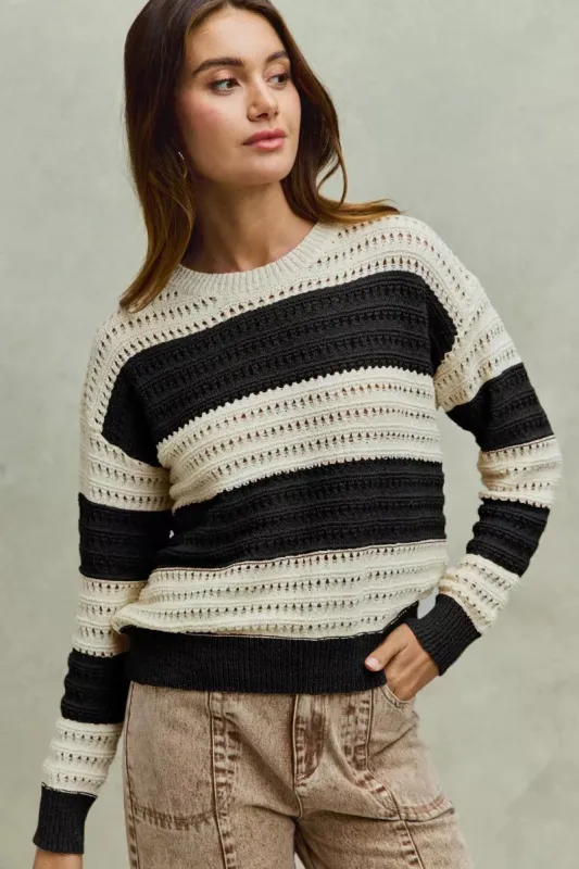 SO ME Openwork Round Neck Wide Stripe Textured Sweater sold by Charming Charlie