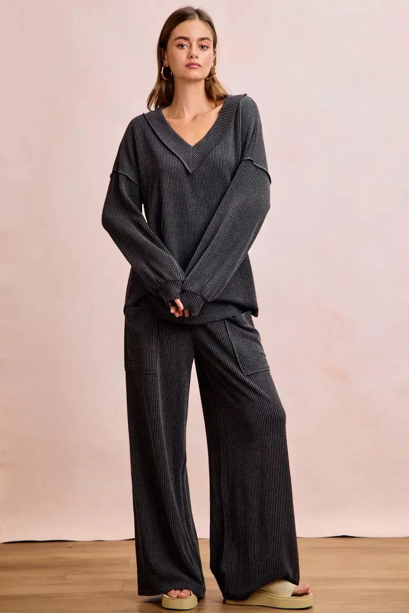 BiBi Two Tone Cord Rib Contrast Stitching V-Neck Top and Pants Set sold by Charming Charlie product image thumbnail 4