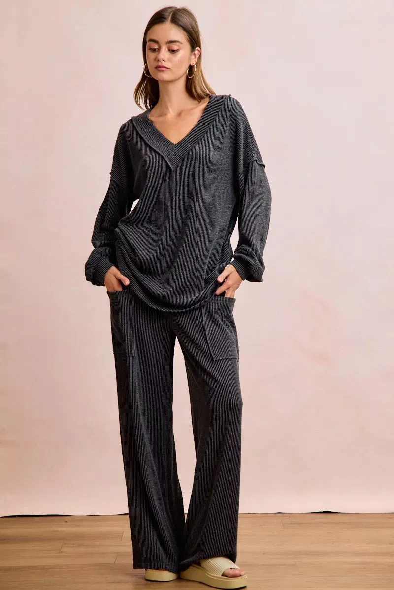 BiBi Two Tone Cord Rib Contrast Stitching V-Neck Top and Pants Set sold by Charming Charlie