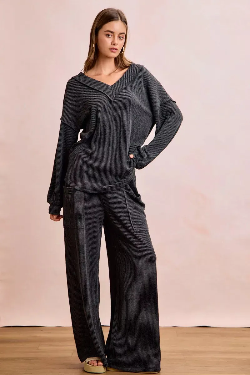 BiBi Two Tone Cord Rib Contrast Stitching V-Neck Top and Pants Set sold by Charming Charlie product image thumbnail 2
