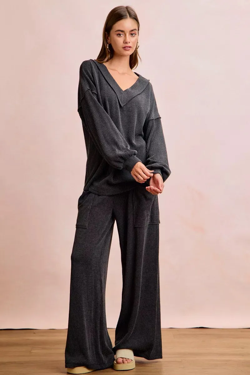 BiBi Two Tone Cord Rib Contrast Stitching V-Neck Top and Pants Set sold by Charming Charlie product image thumbnail 3
