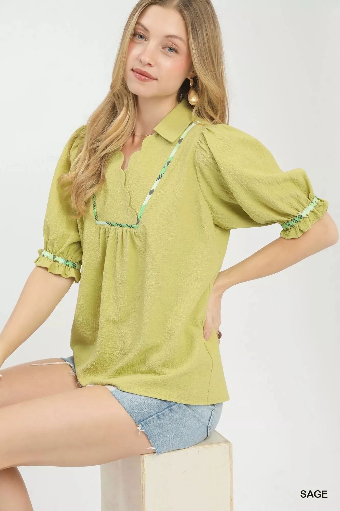 Umgee Scalloped Trim Blouse with Puff Sleeves sold by Charming Charlie product image thumbnail 4