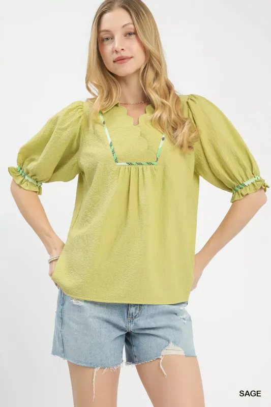 Umgee Scalloped Trim Blouse with Puff Sleeves sold by Charming Charlie