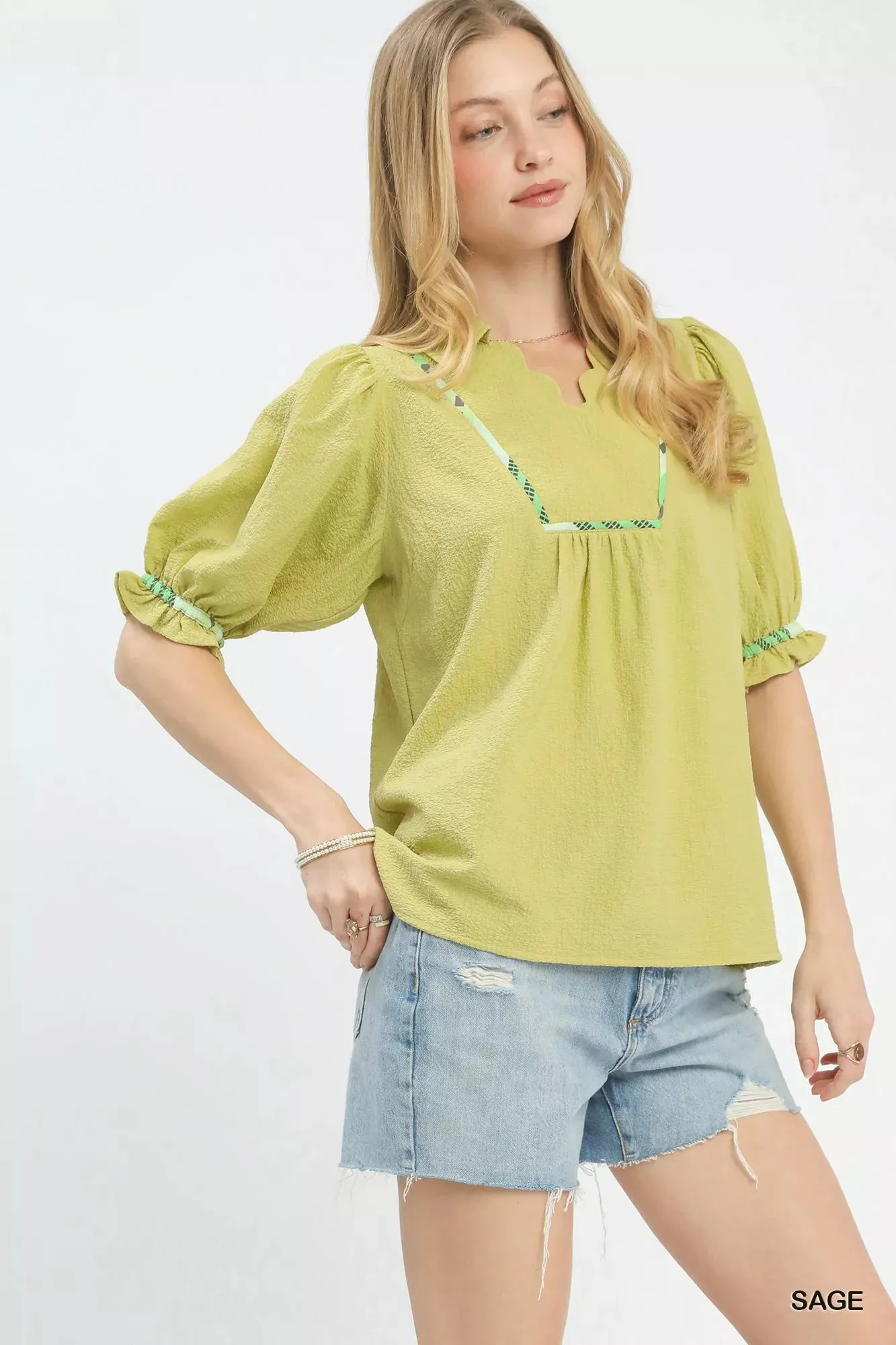Umgee Scalloped Trim Blouse with Puff Sleeves sold by Charming Charlie product image thumbnail 2