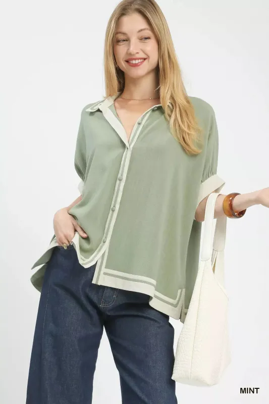 Umgee Linen Button Front Top with Contrast Piping sold by Charming Charlie