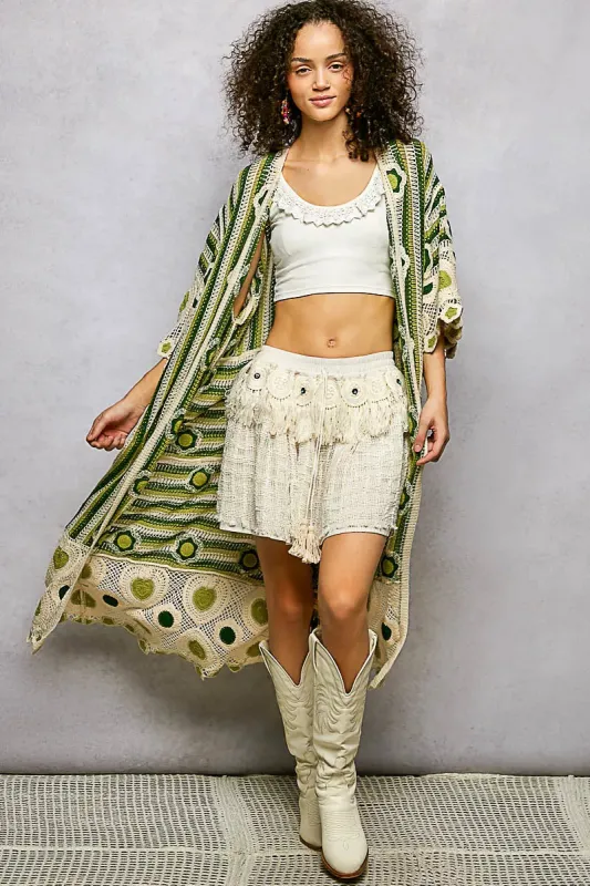 POL Striped and Floral Pattern Crochet Longline Cardigan made by Trendsi